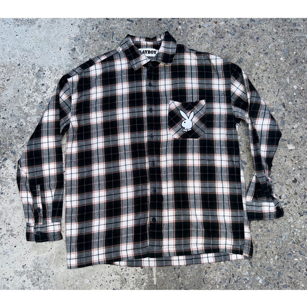 Playboy by PacSun Women Black White Plaid Flannel Button Down Shirt Small Bunny
